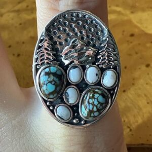 White Buffalo Turquoise Blue Turquoise Sterling Silver Forest Ring Size 9